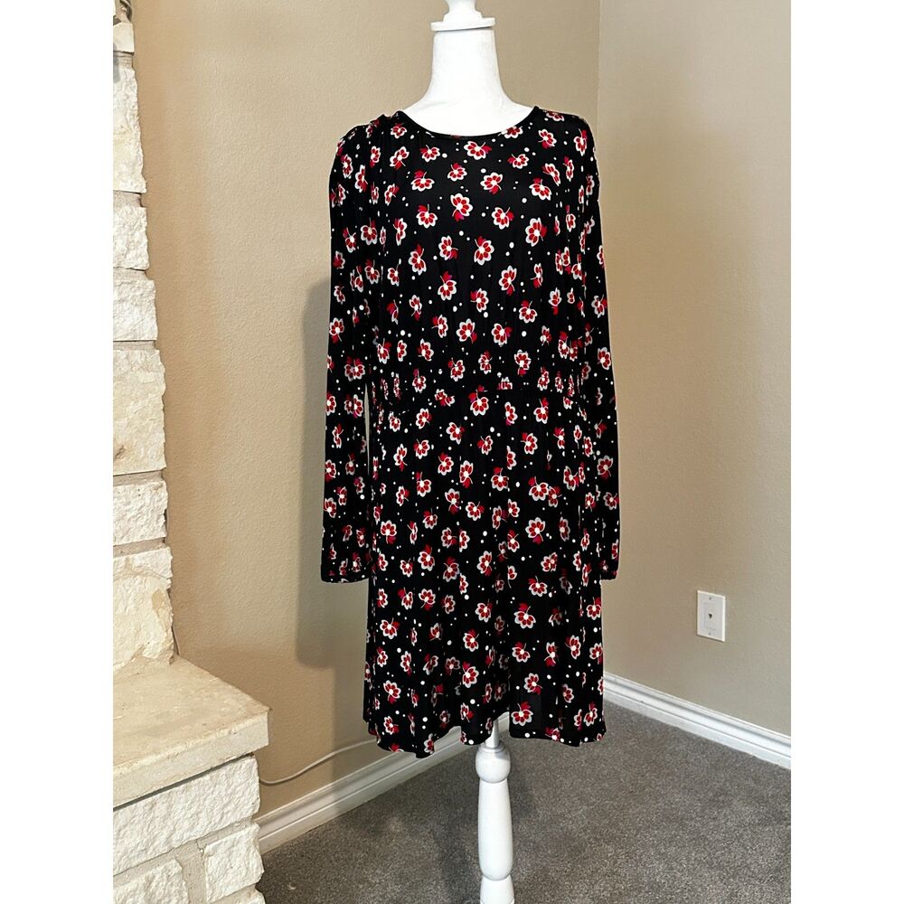 Kate Spade New York Black Red White Floral Dot Smocked Keyhole Dress L